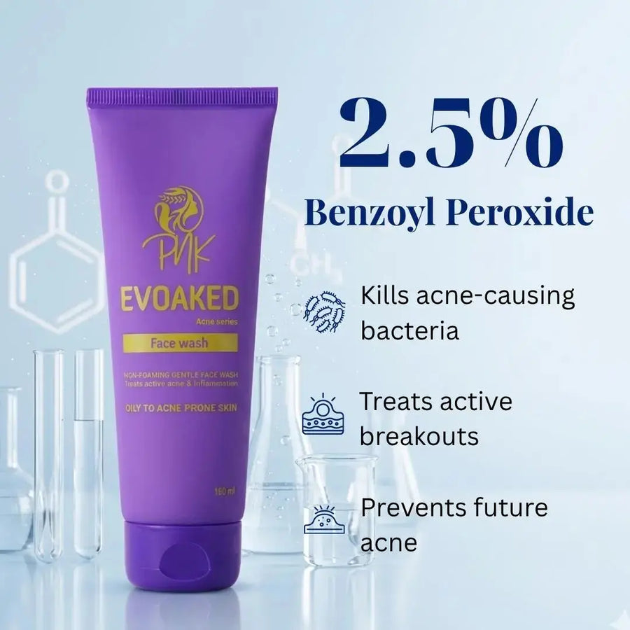 Evoaked Acne Series – Acne Control Face Wash (2.5% Benzoyl Peroxide) Clinically Proven Acne Control with Hydration Protection Pnk Beauty