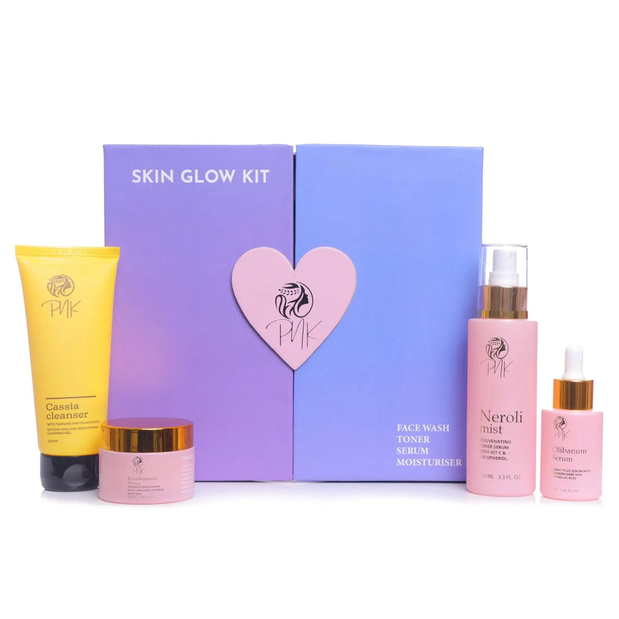 PNK Radiant Skin Essentials Pack of 4: Cassia Cleanser, Neroli Mist Toner, Olibanum Serum, Kumkumadi Bounce Moisturizer