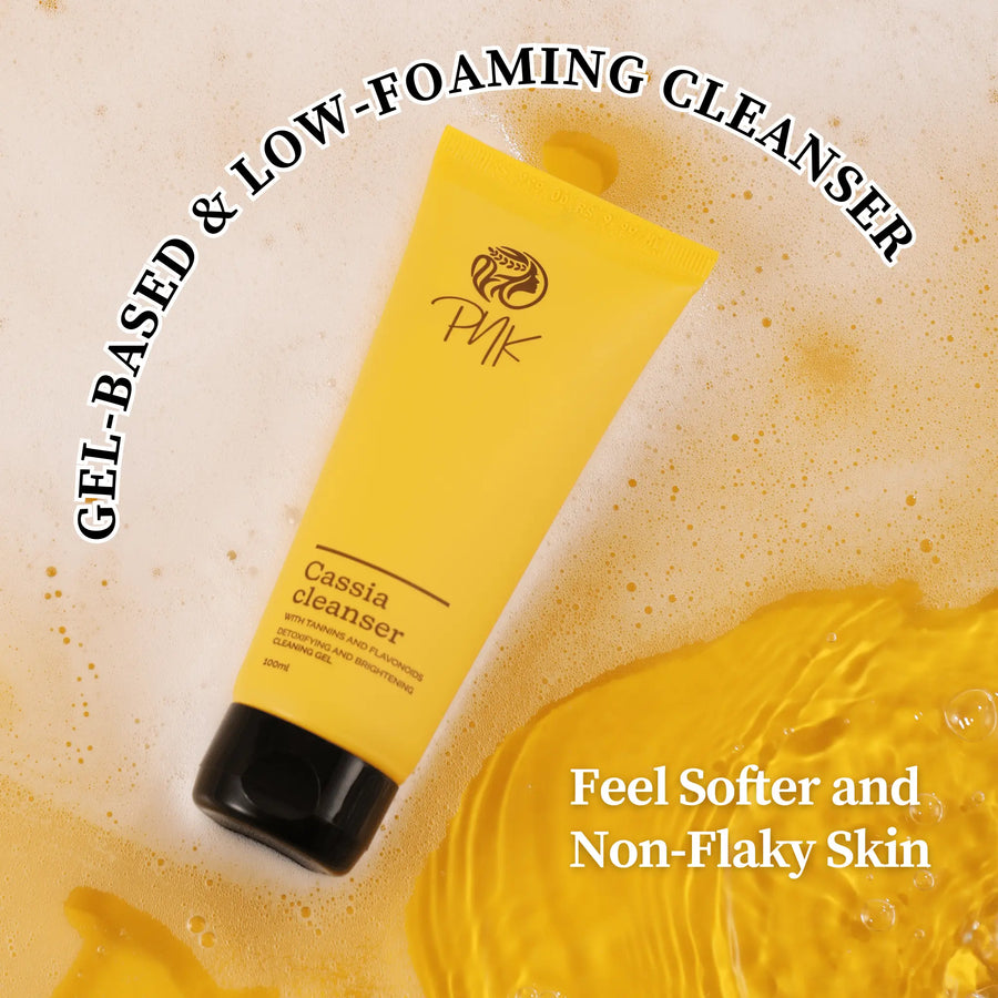 Gel-based low-foaming Cassia cleanser for softer, non-flaky skin with tannins and flavonoids