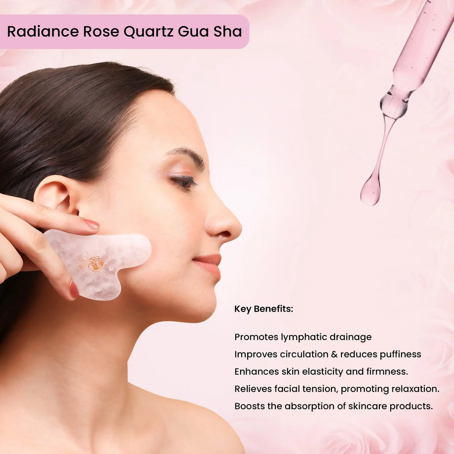 Woman using rose quartz gua sha for facial massage, promoting lymphatic drainage and skin firmness