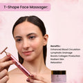 T-Shape face massager for radiant skin, boosts collagen & circulation, shown with skincare cream