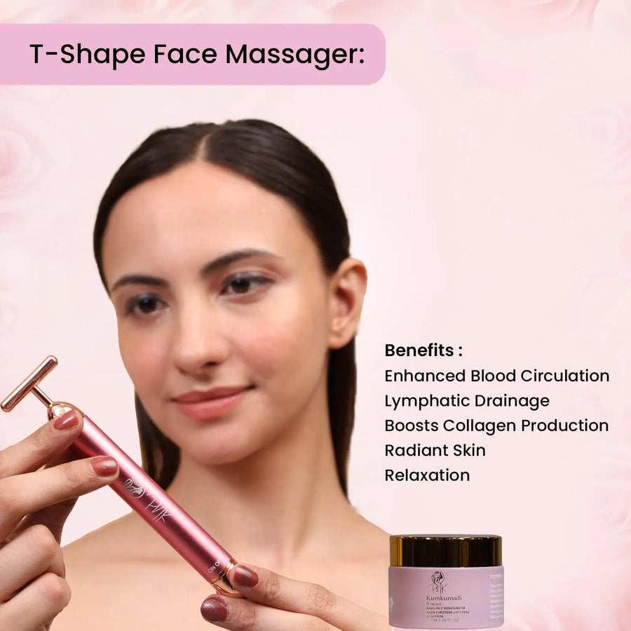 T-Shape face massager for radiant skin, boosts collagen & circulation, shown with skincare cream