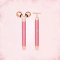 Pink rose gold facial roller and gua sha tool for glowing skin care routine