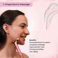Woman using Y-shape electric facial massager for glowing skin, anti-aging & firming benefits