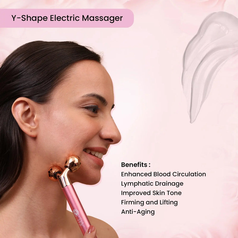 Woman using Y-shape electric facial massager for glowing skin, anti-aging & firming benefits