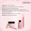 Pink T-shape face massager with serum and moisturizer for glowing skin routine