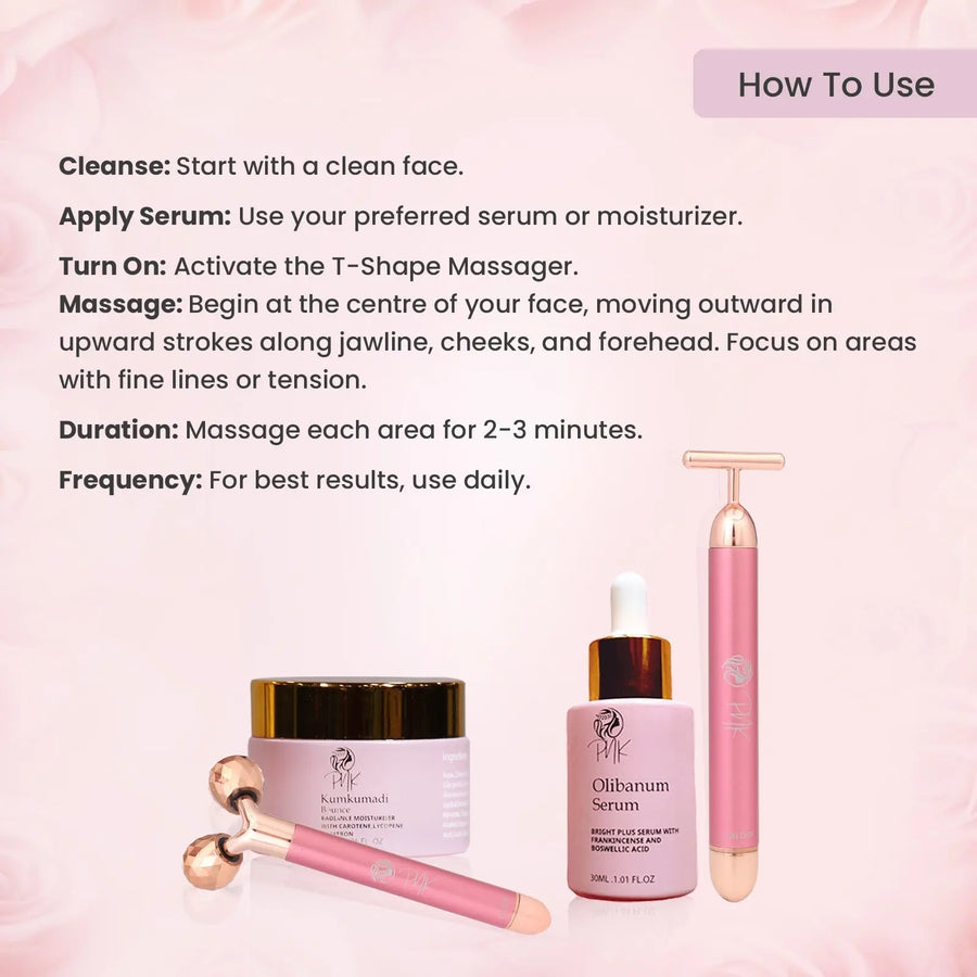 Pink T-shape face massager with serum and moisturizer for glowing skin routine